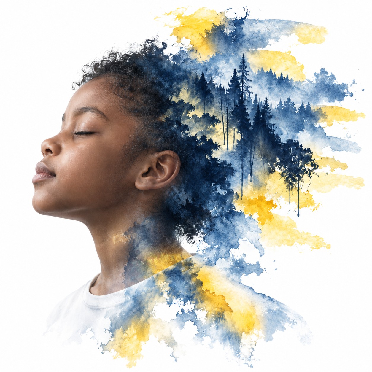 A girl’s profile, eyes closed, dissolving into blue pines and yellow ink