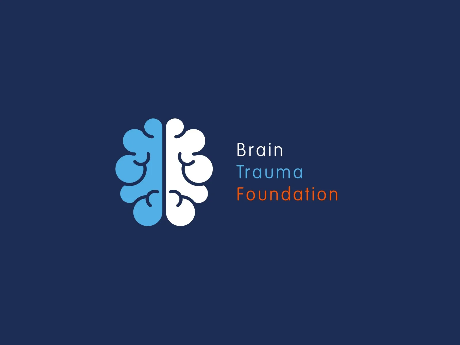 A brain icon split into two halves beside the Brain Trauma Foundation name, on navy