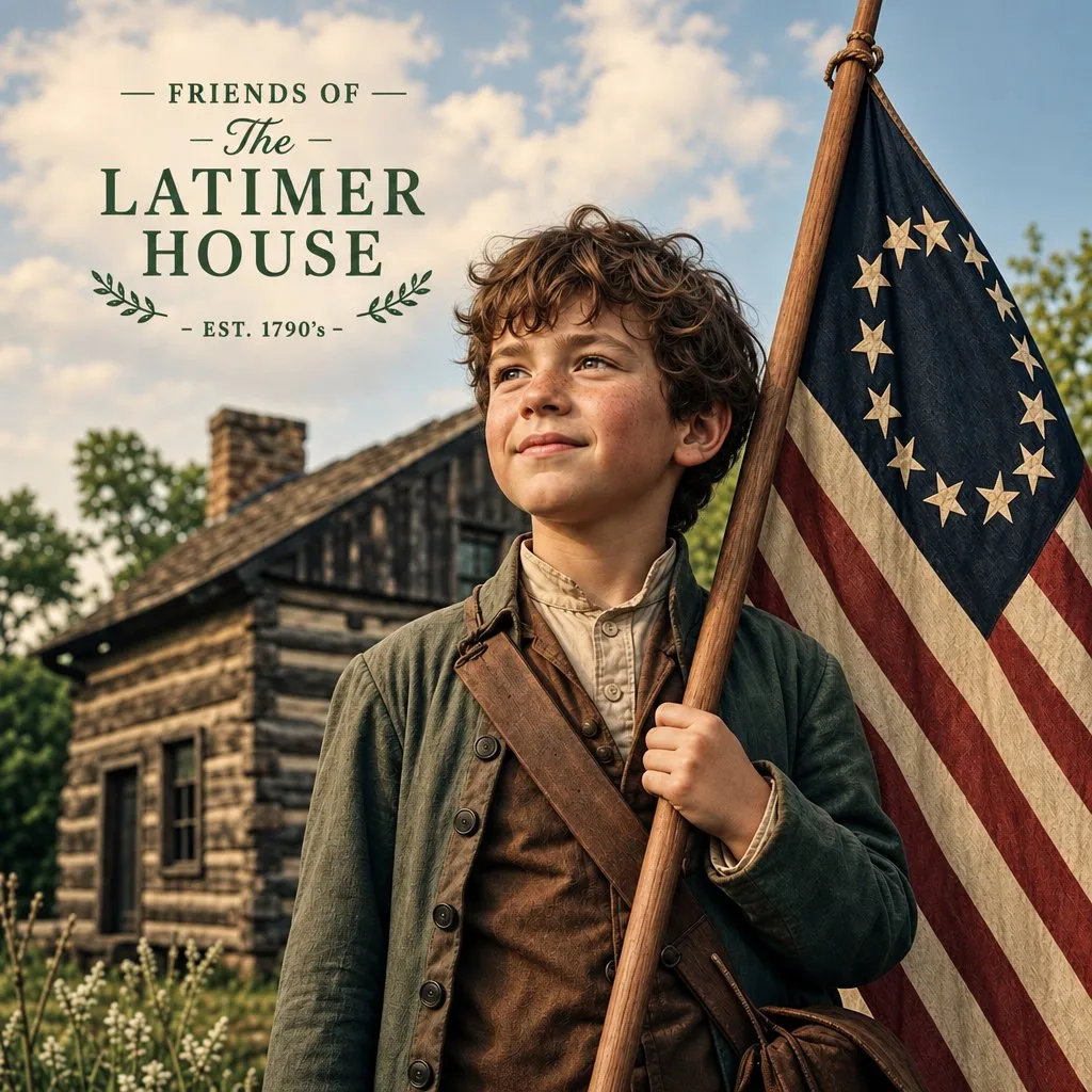An illustrated boy holding a 1777 flag in front of a log cabin, the Latimer House wordmark above