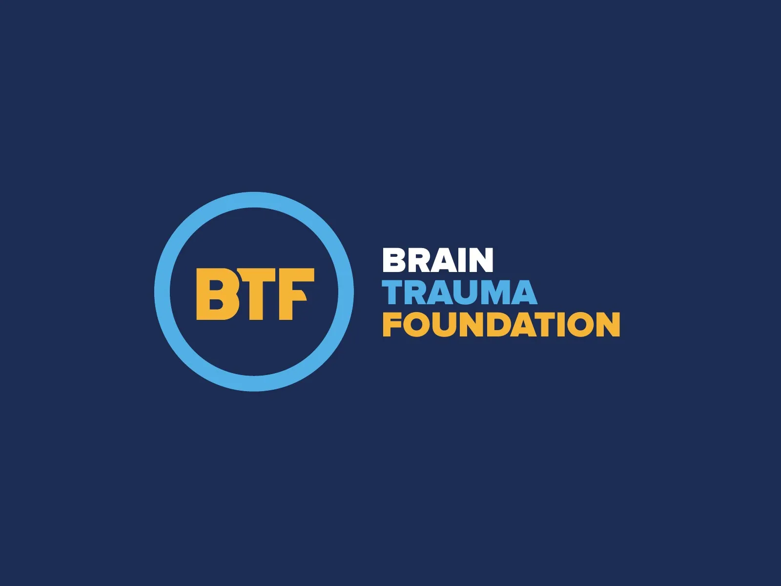 BTF initials inside a sky blue ring beside the name, on navy