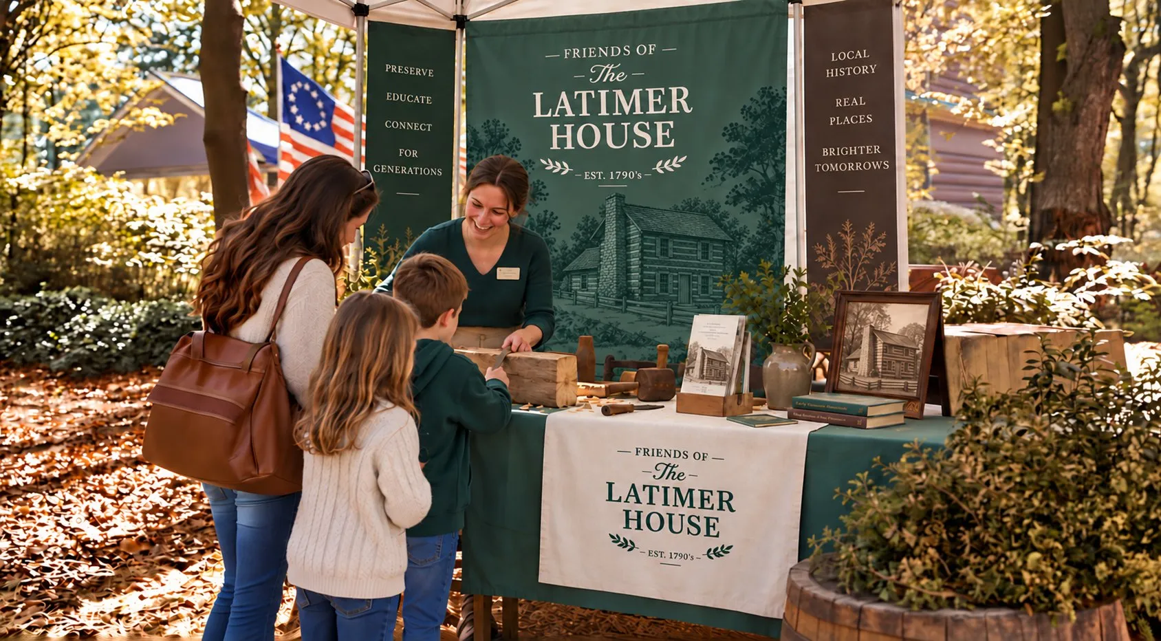 A family visiting the Friends of the Latimer House booth at an outdoor event, banners and displays all around