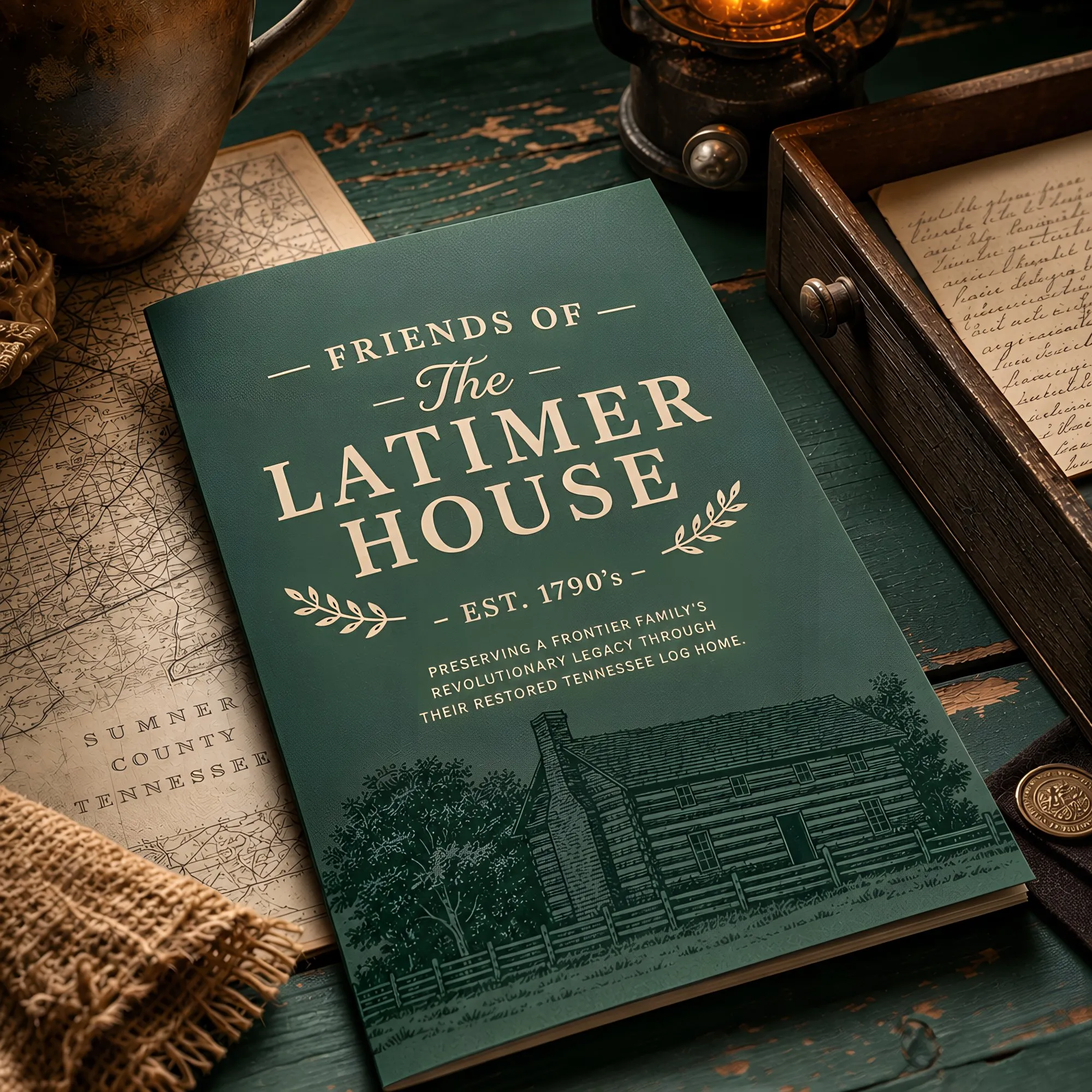 A forest green history book with the Latimer House wordmark on a desk of old letters