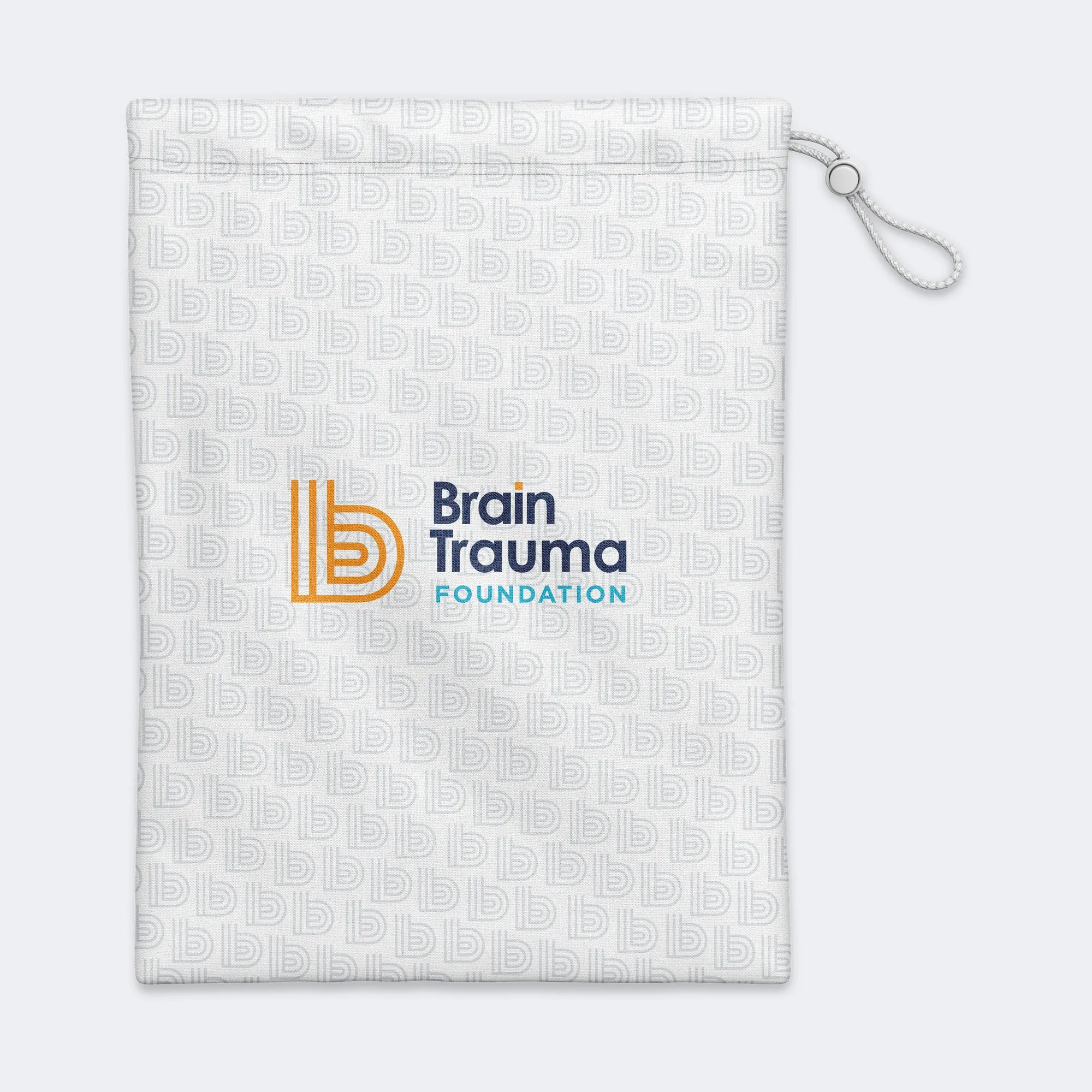 A white drawstring bag printed with the b pattern and the logo