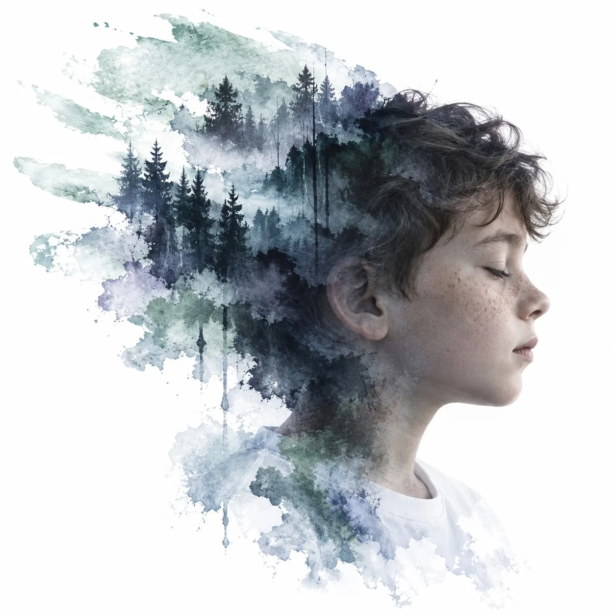 A boy’s profile dissolving into a misty blue forest