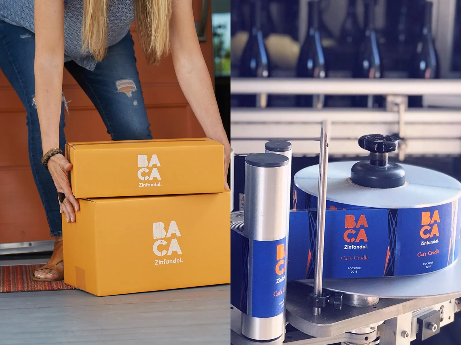 An orange BACA shipper beside a roll of cobalt labels and a labeled bottle