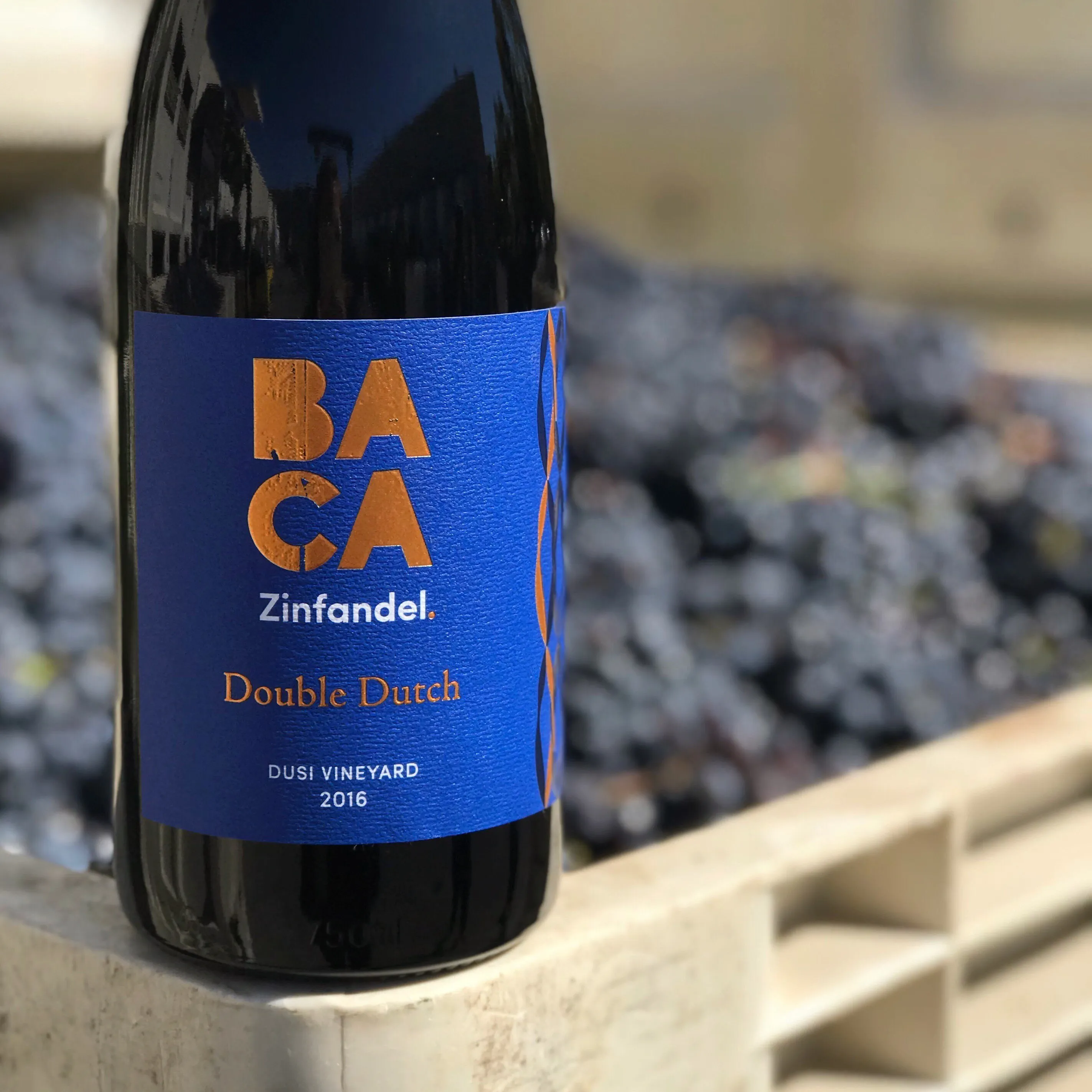 A bottle of BACA Double Dutch resting on a bed of Zinfandel grapes