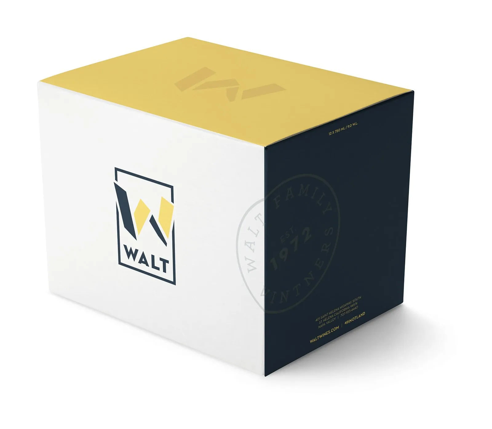 A WALT shipping box: white sides, yellow lid and the box logo