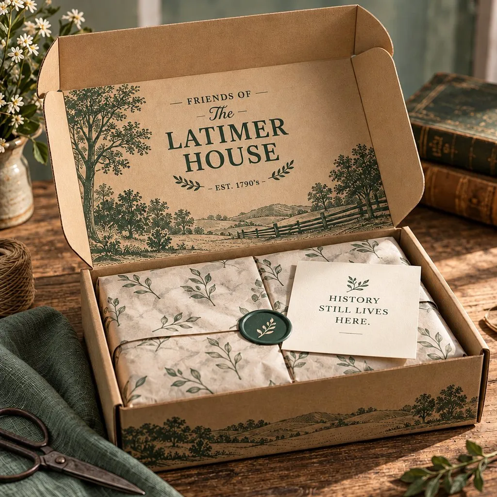 A kraft gift box printed with the wordmark and a countryside scene, tissue sealed with a wax L