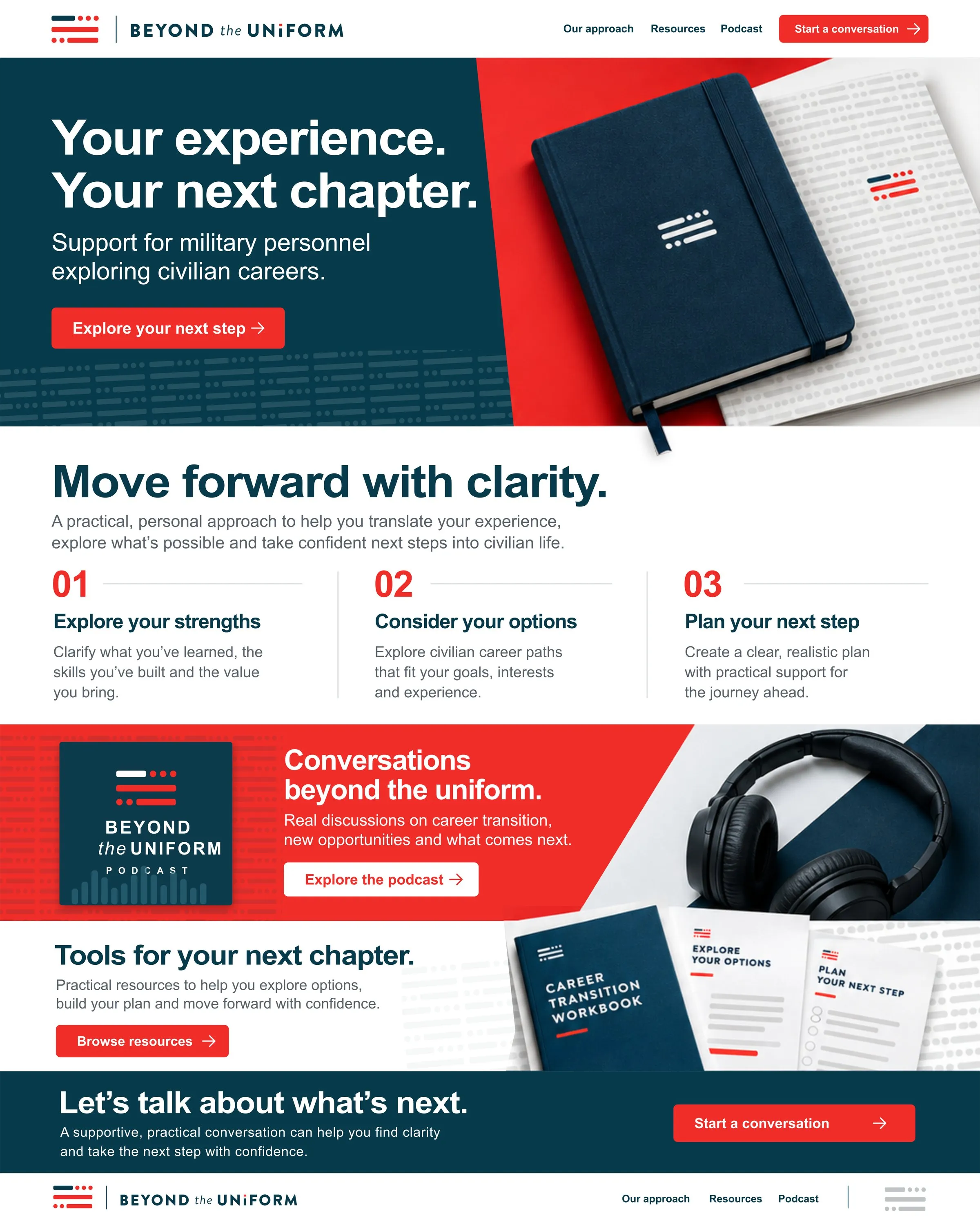 A homepage concept: a navy hero with the flag, career paths and veteran stories below