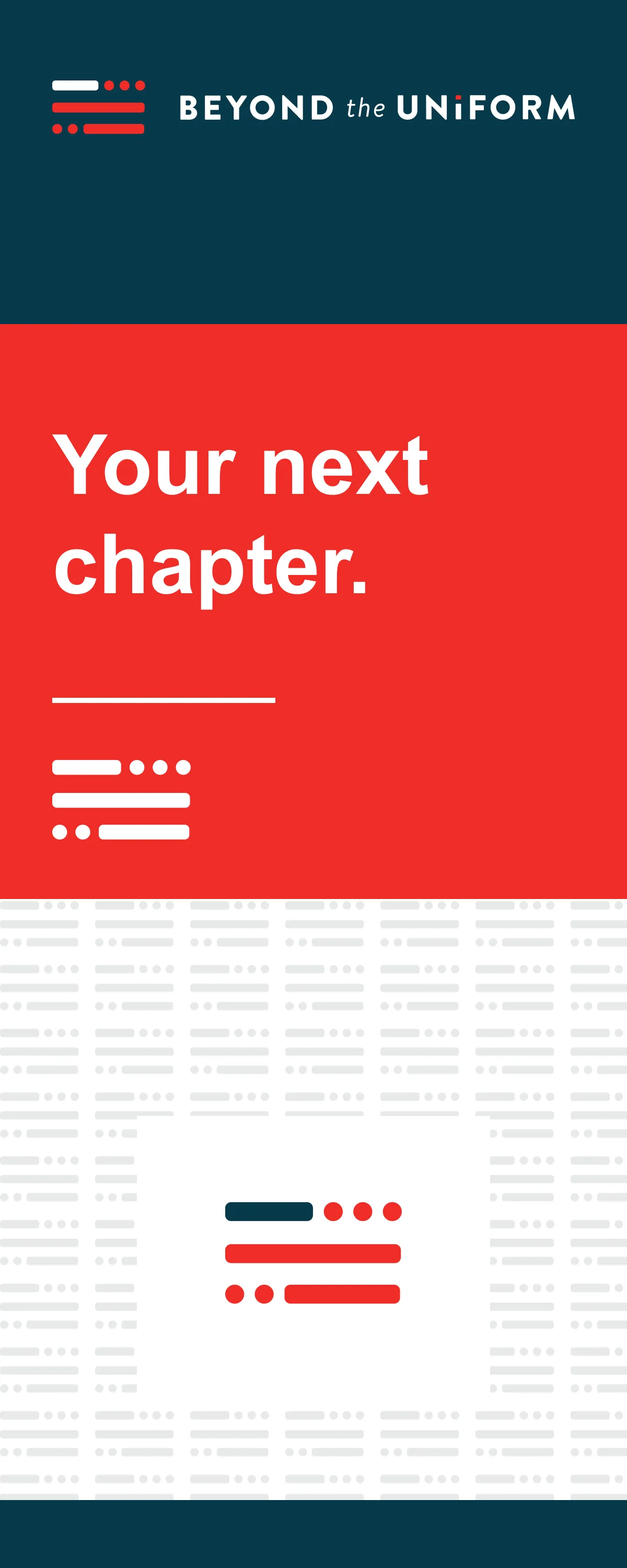 A pull-up banner: the logo, Your next chapter on warm red and the Morse pattern