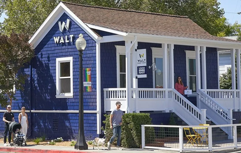 The navy WALT tasting room cottage on the Sonoma square
